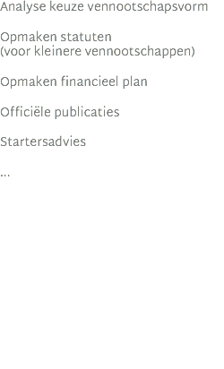 Analyse keuze vennootschapsvorm Opmaken statuten  (voor kleinere vennootschappen) Opmaken financieel plan Officiële publicaties Startersadvies ...